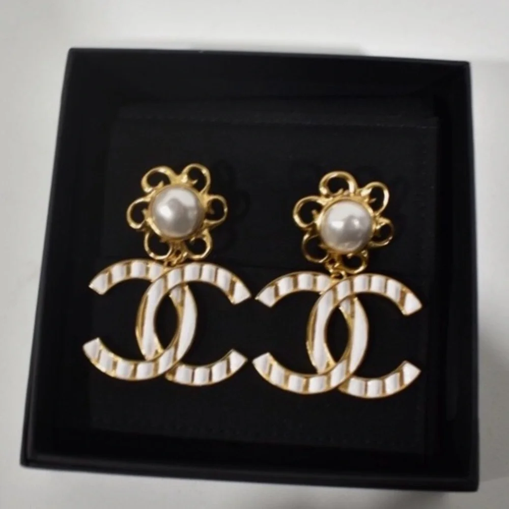 Chanel Authentic Gold and White Metal & Glass Pearl Earrings NEW